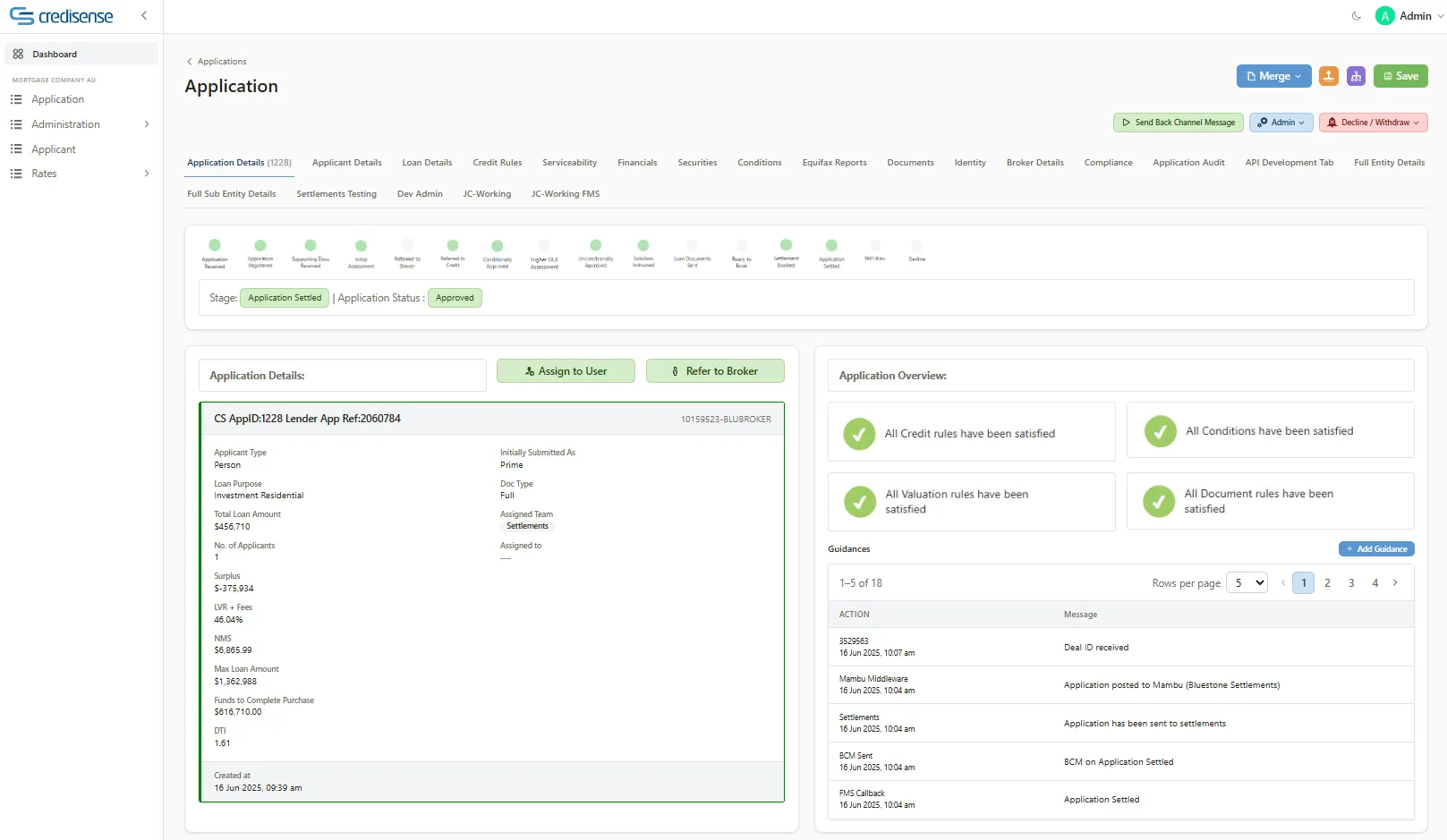Credisense trade-credit application queue with bureau, identity and policy results
